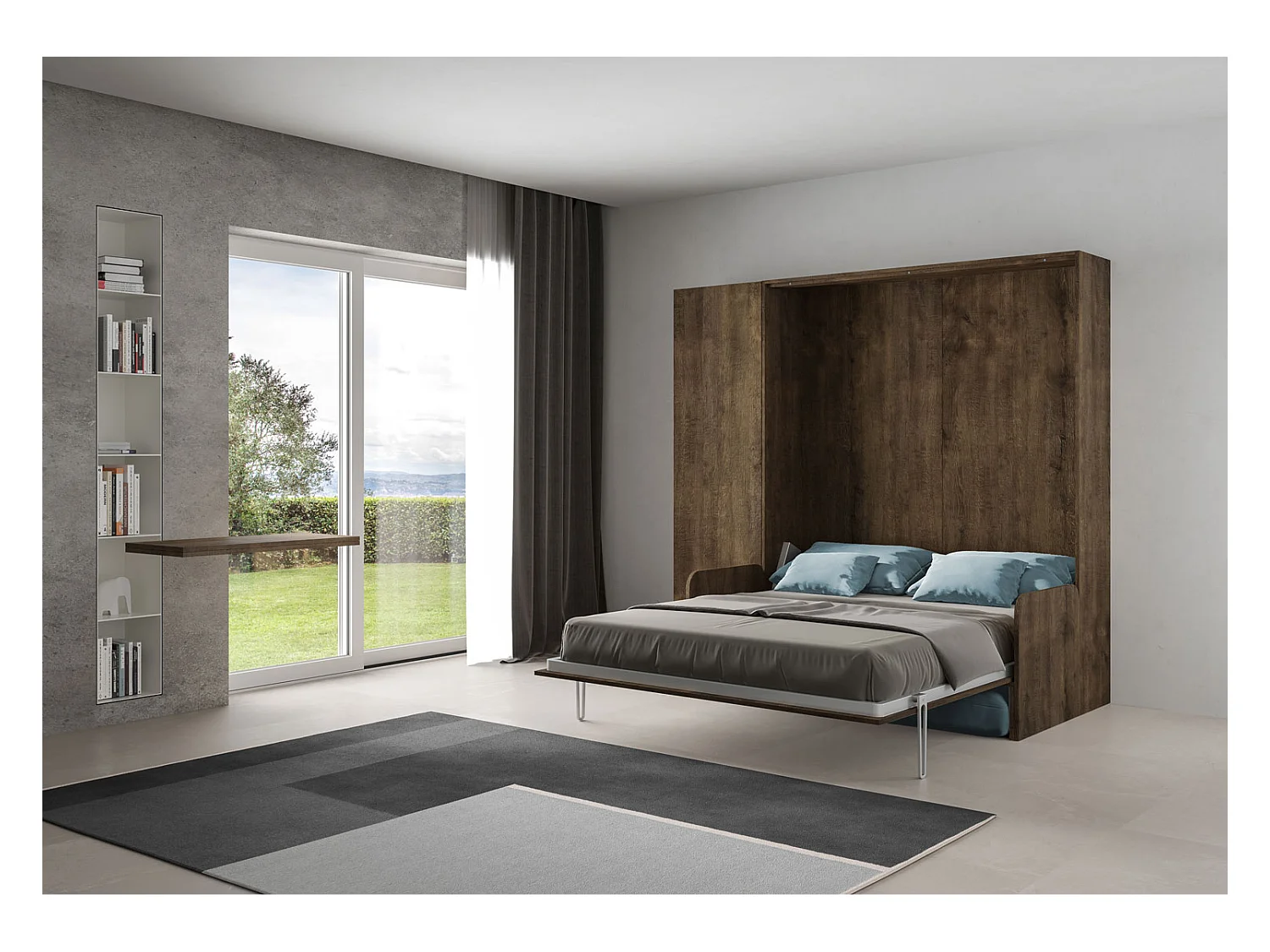 Kentaro 160 cm rozkładane łóżko podwójne z sofą i orzechową kolumną, jasnoniebieski