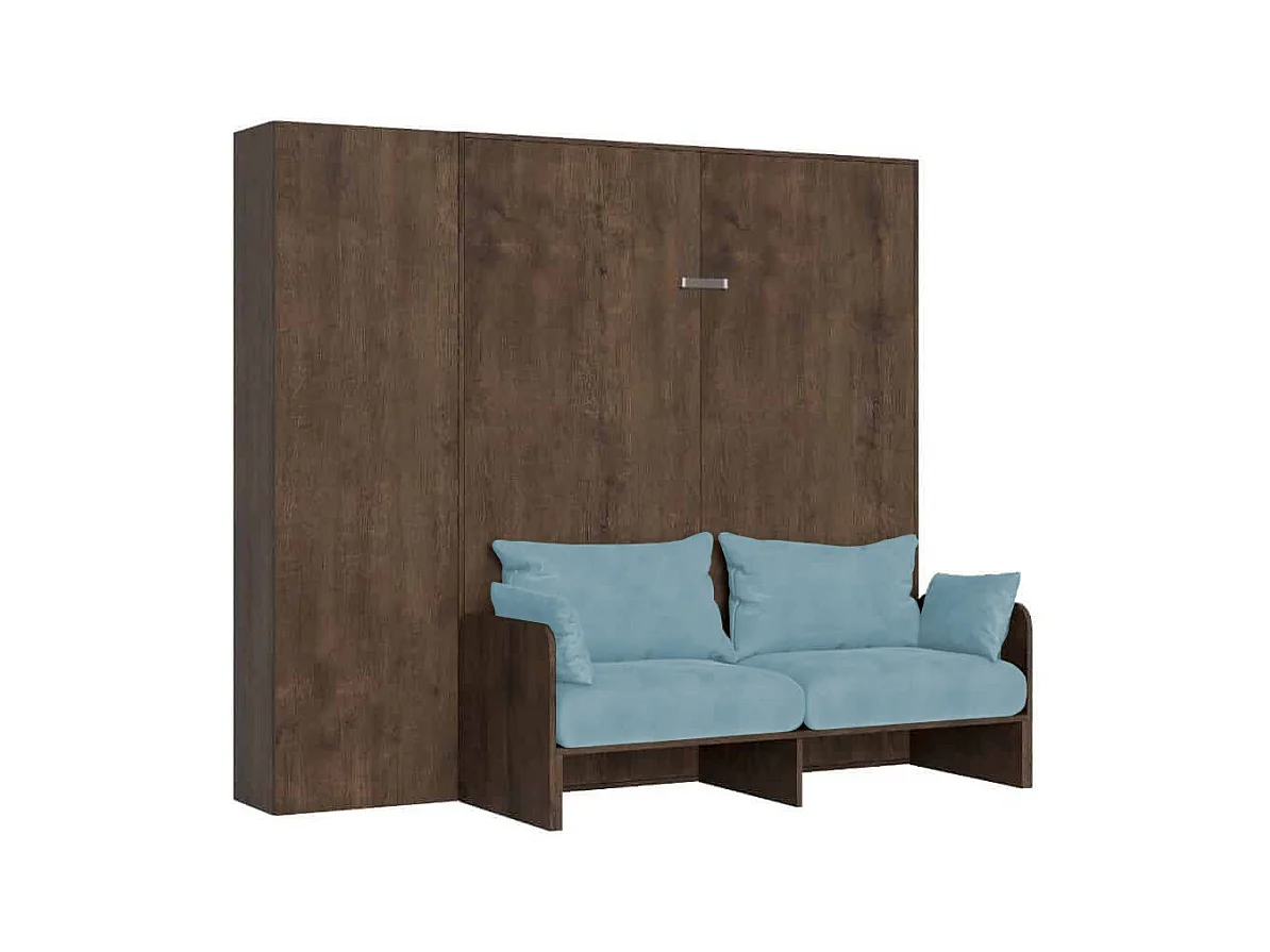 Lit double escamotable Kentaro 160 cm avec canapé et colonne en noyer, bleu clair