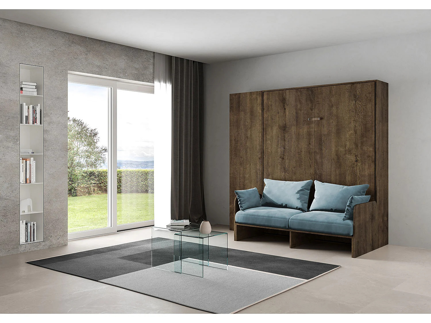 Kentaro 160 cm rozkładane łóżko podwójne z sofą i orzechową kolumną, jasnoniebieski