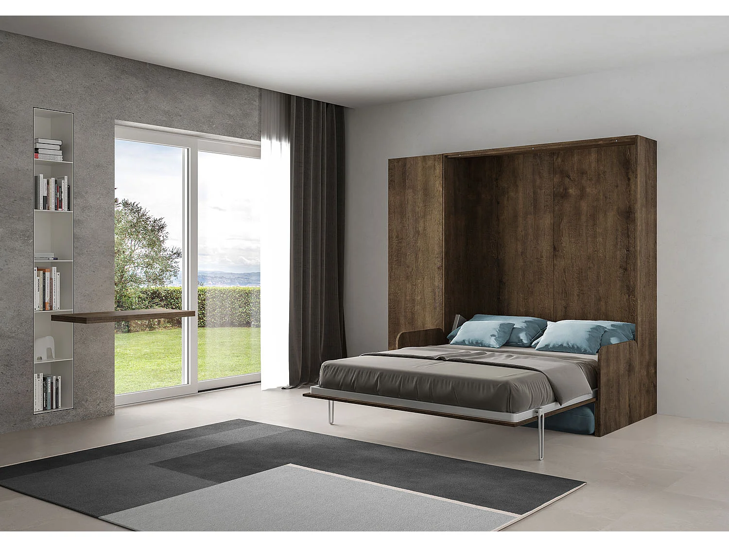 Kentaro 160 cm rozkładane łóżko podwójne z sofą i orzechową kolumną, jasnoniebieski