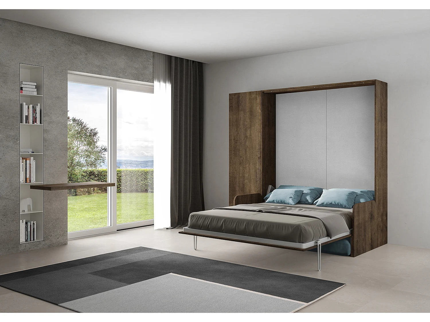 Kentaro 160 cm Klappbett für Doppelbett mit Sofa und Säule aus Walnussholz, hellblau