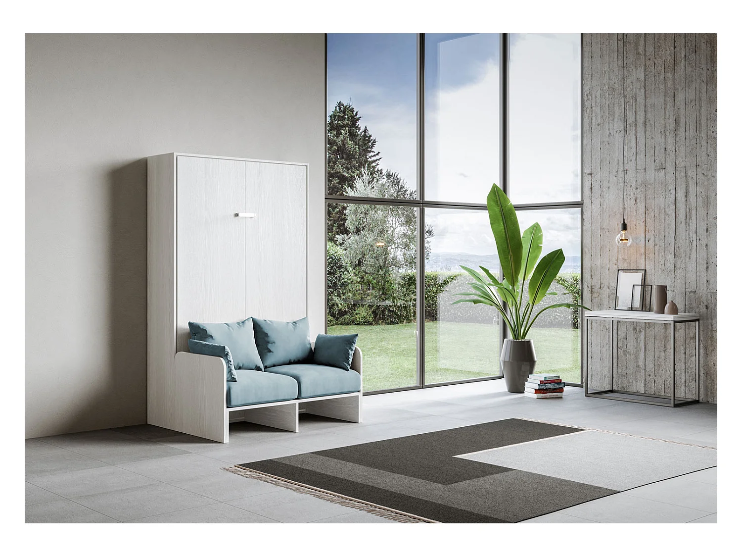 Kentaro 140 cm französisches Klappbett für Doppelbett mit Sofa aus weißer Esche, hellblau