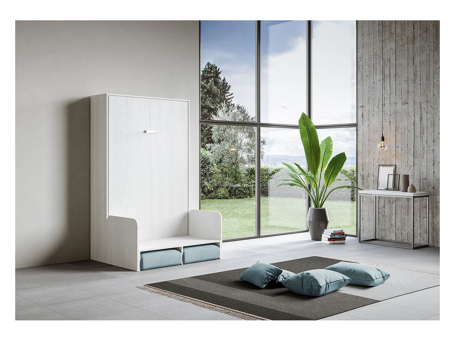 Kentaro 140 cm französisches Klappbett für Doppelbett mit Sofa aus weißer Esche, hellblau