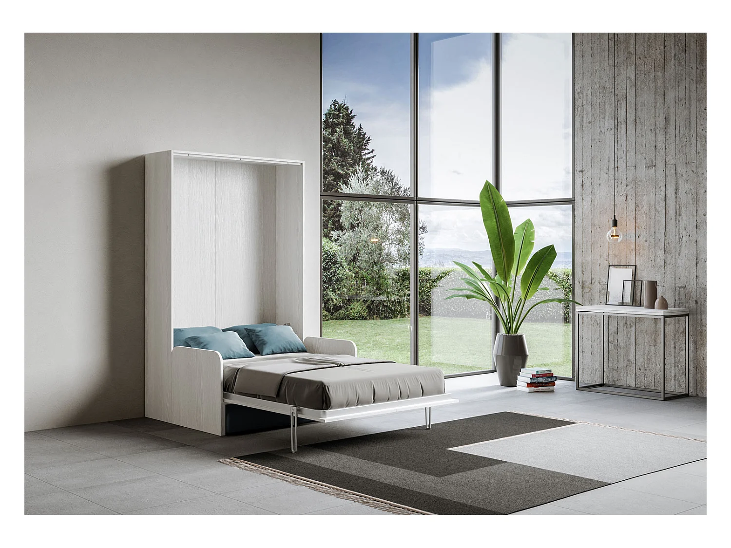 Kentaro 140 cm französisches Klappbett für Doppelbett mit Sofa aus weißer Esche, hellblau