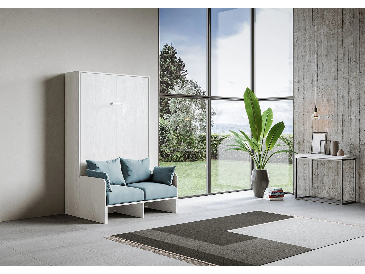 Kentaro 140cm Frans opklapbed voor twee personen met witte essenhouten bank, lichtblauw