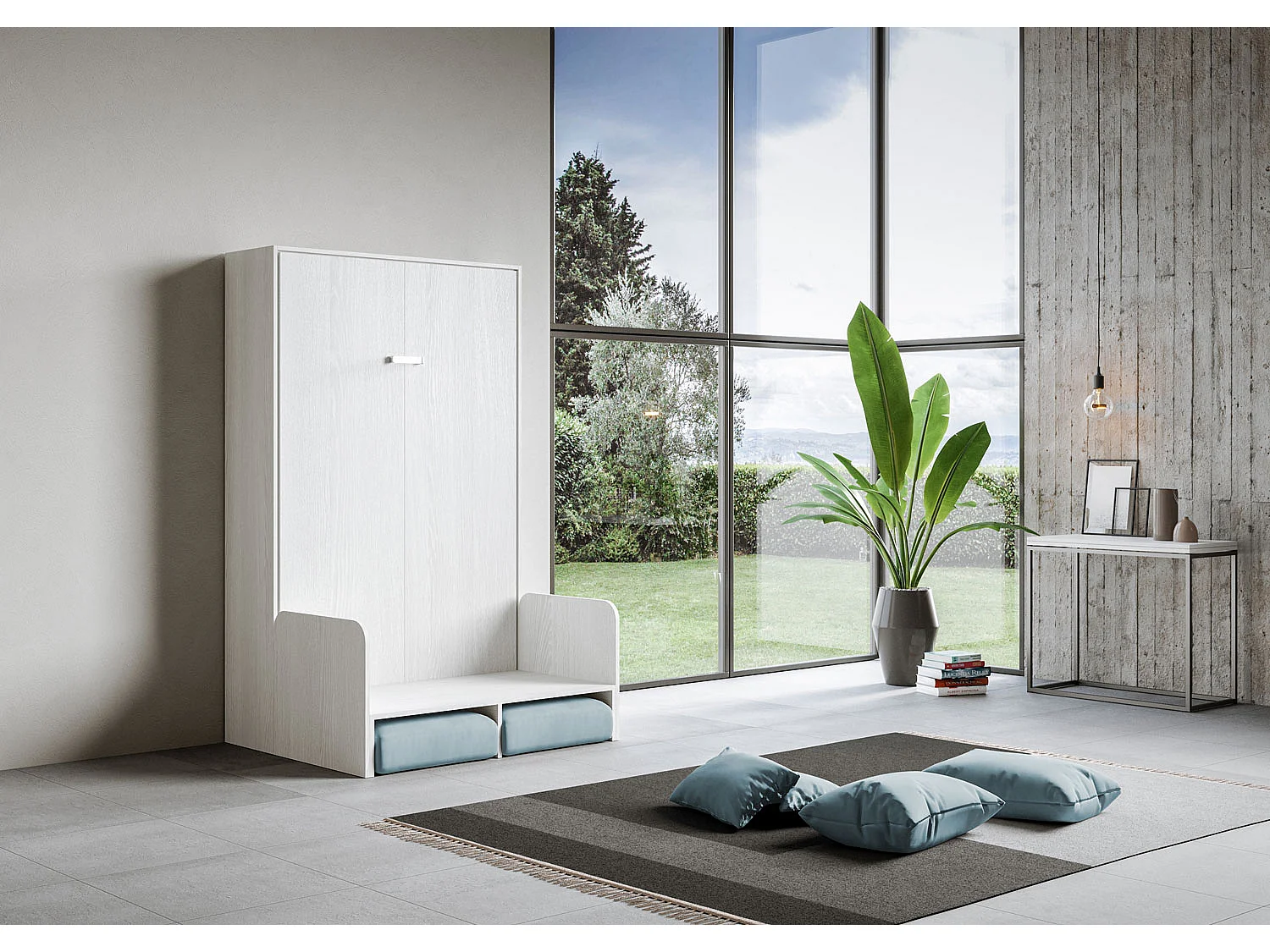 Kentaro 140cm Frans opklapbed voor twee personen met witte essenhouten bank, lichtblauw