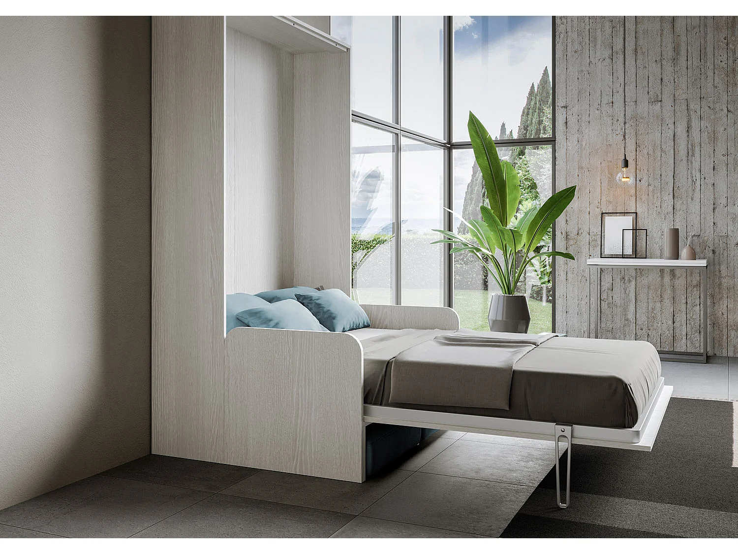 Kentaro 140cm Frans opklapbed voor twee personen met witte essenhouten bank, lichtblauw