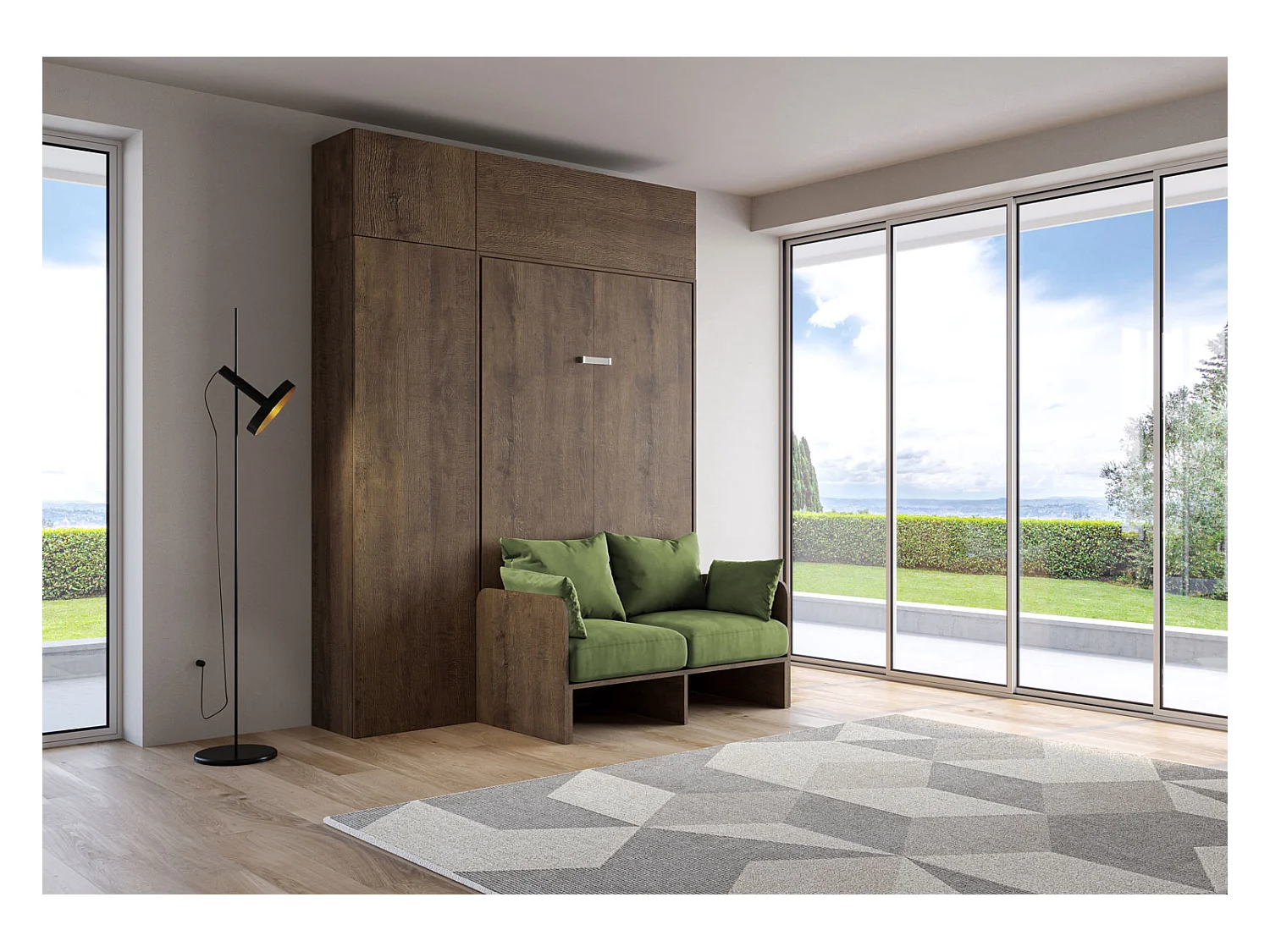 Kentaro 140 cm francuskie łóżko składane podwójne z sofą i meblami z orzecha włoskiego, zielone