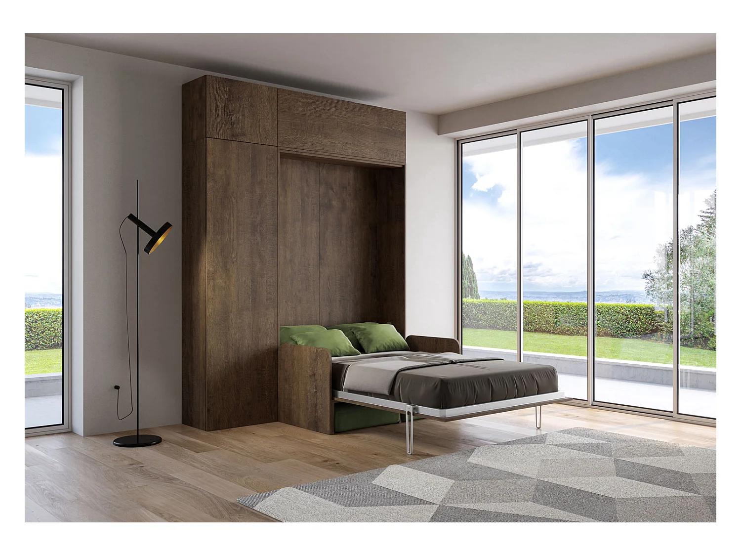 Kentaro 140 cm francuskie łóżko składane podwójne z sofą i meblami z orzecha włoskiego, zielone