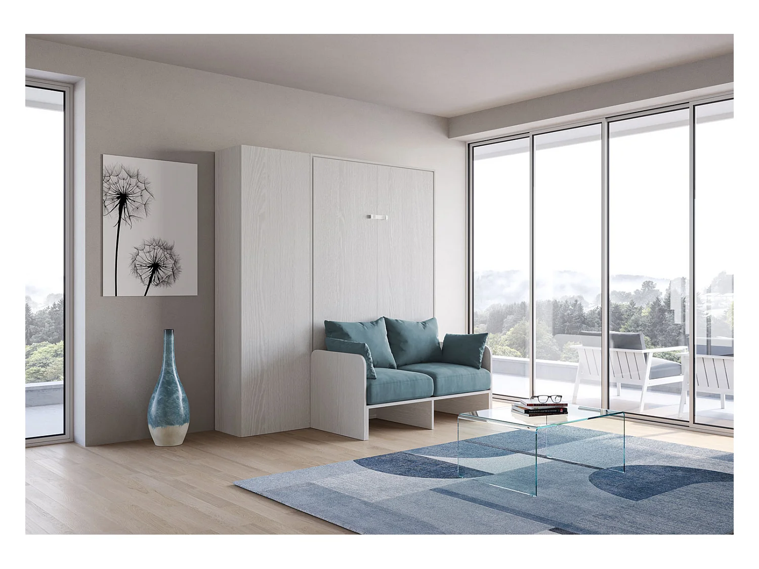 Kentaro 120 cm Klappbett in Queensize mit Sofa und Säule in Weiß, Esche und Hellblau