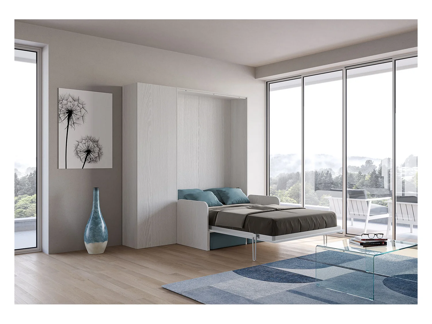 Kentaro 120 cm Klappbett in Queensize mit Sofa und Säule in Weiß, Esche und Hellblau