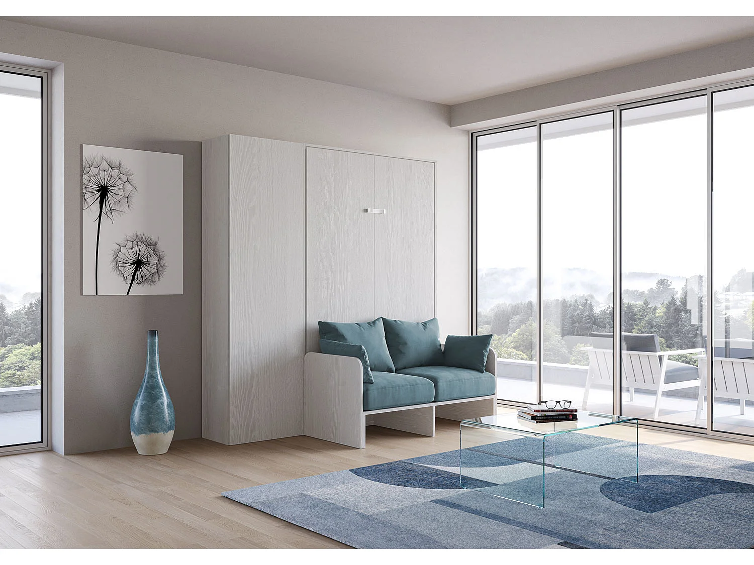 Kentaro 120 cm opklapbaar queensize bed met bank en kolom in wit, essenhout en lichtblauw