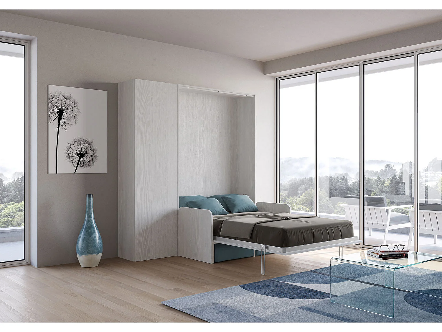 Kentaro 120 cm opklapbaar queensize bed met bank en kolom in wit, essenhout en lichtblauw