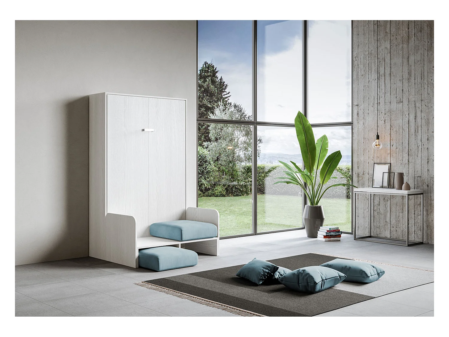 Kentaro 120 cm Klappbett in Queensize-Größe mit Sofa aus weißer Esche, hellblau