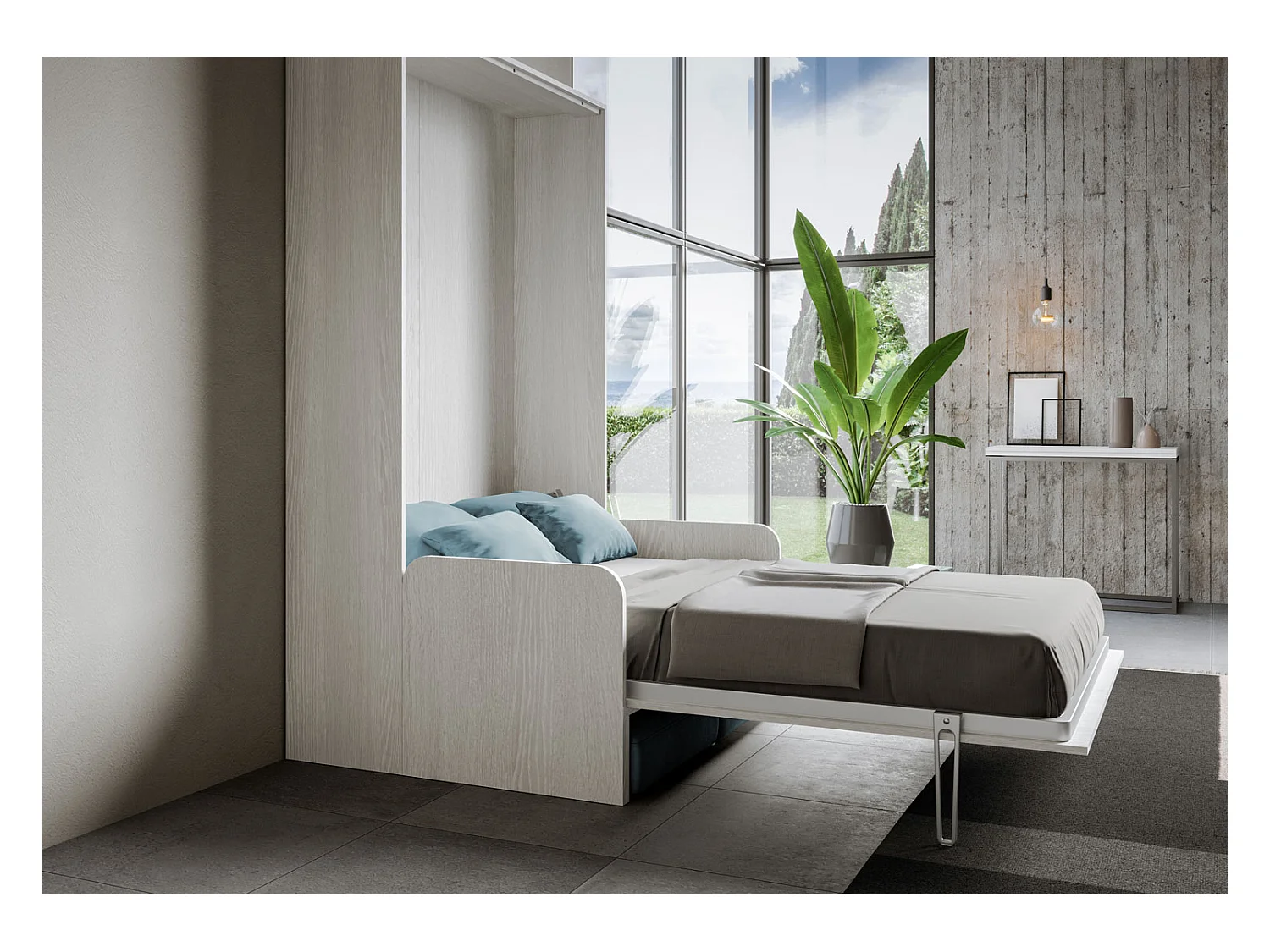 Kentaro 120 cm Klappbett in Queensize-Größe mit Sofa aus weißer Esche, hellblau