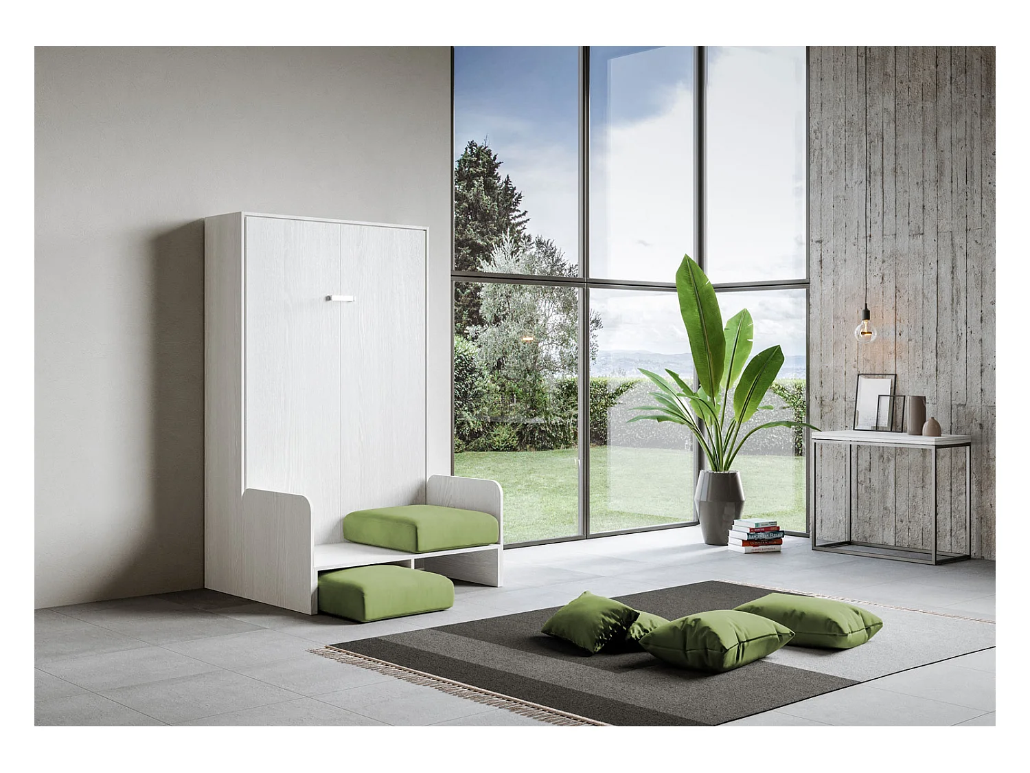 Kentaro 120cm opklapbaar queensize bed met witte essenhouten bank, groen