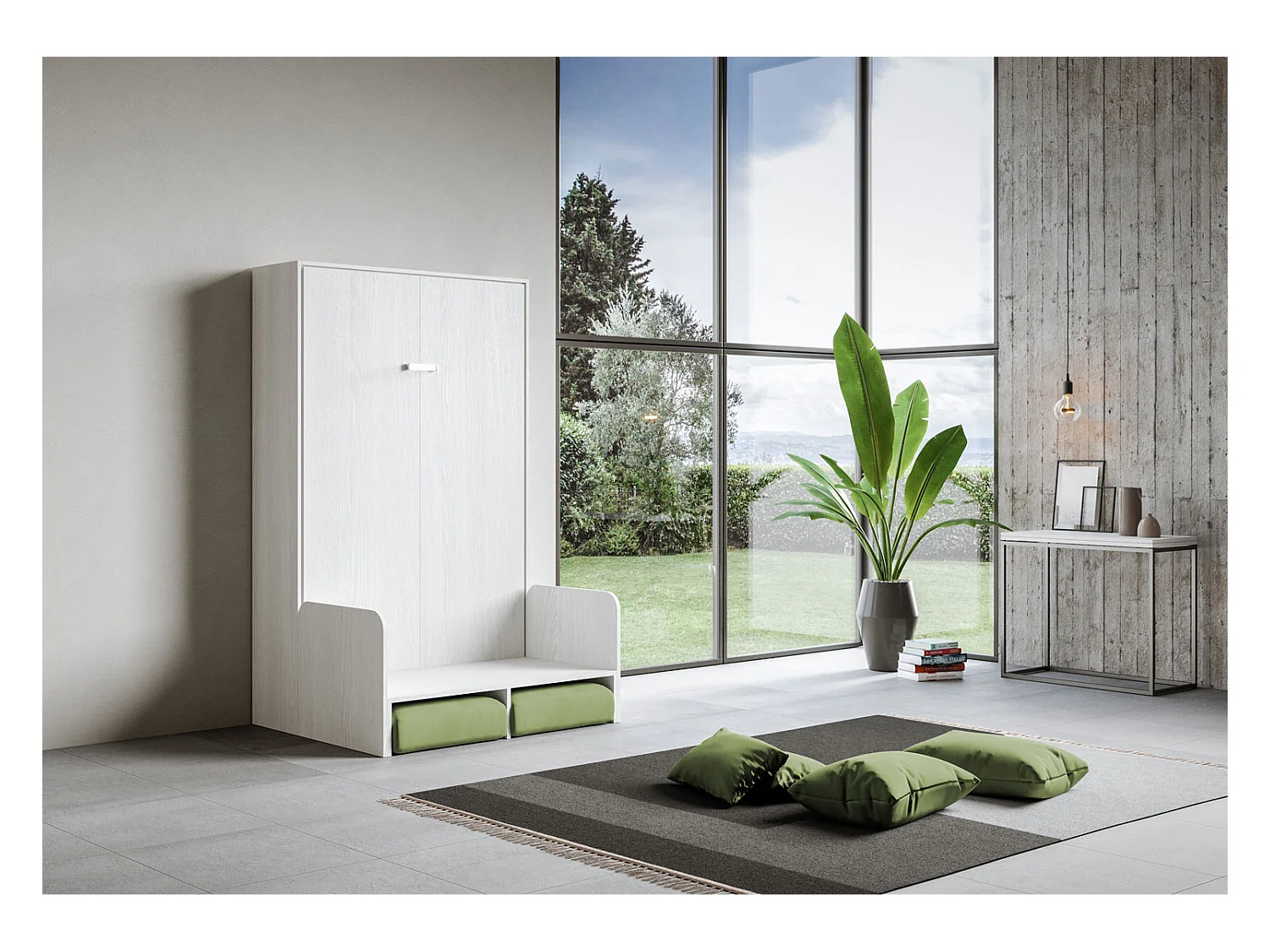 Kentaro 120cm opklapbaar queensize bed met witte essenhouten bank, groen