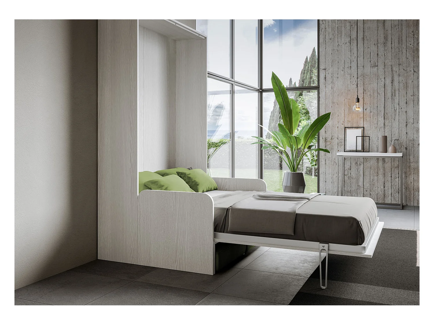 Kentaro 120cm opklapbaar queensize bed met witte essenhouten bank, groen