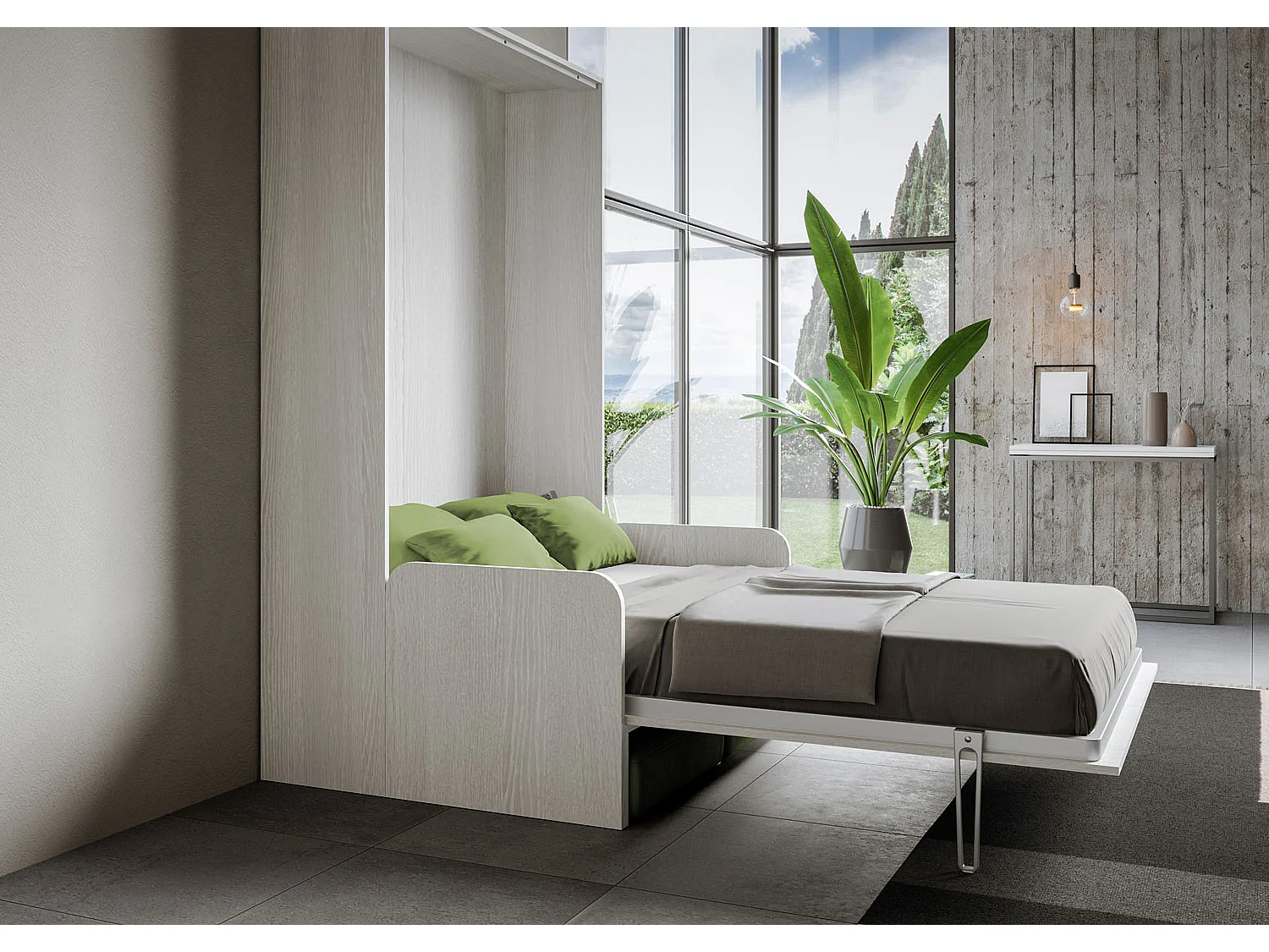 Kentaro 120cm opklapbaar queensize bed met witte essenhouten bank, groen