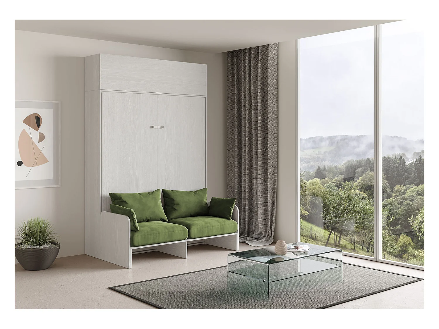 Kentaro 160cm opklapbaar tweepersoonsbed met bank en wandmeubel in witte essenkleur, groen