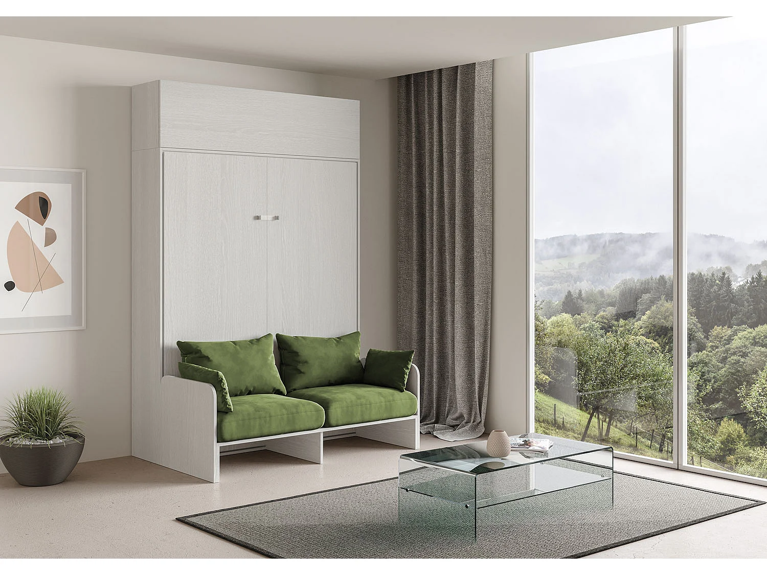 Kentaro 160cm opklapbaar tweepersoonsbed met bank en wandmeubel in witte essenkleur, groen