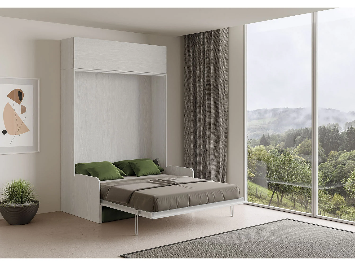 Kentaro 160cm opklapbaar tweepersoonsbed met bank en wandmeubel in witte essenkleur, groen