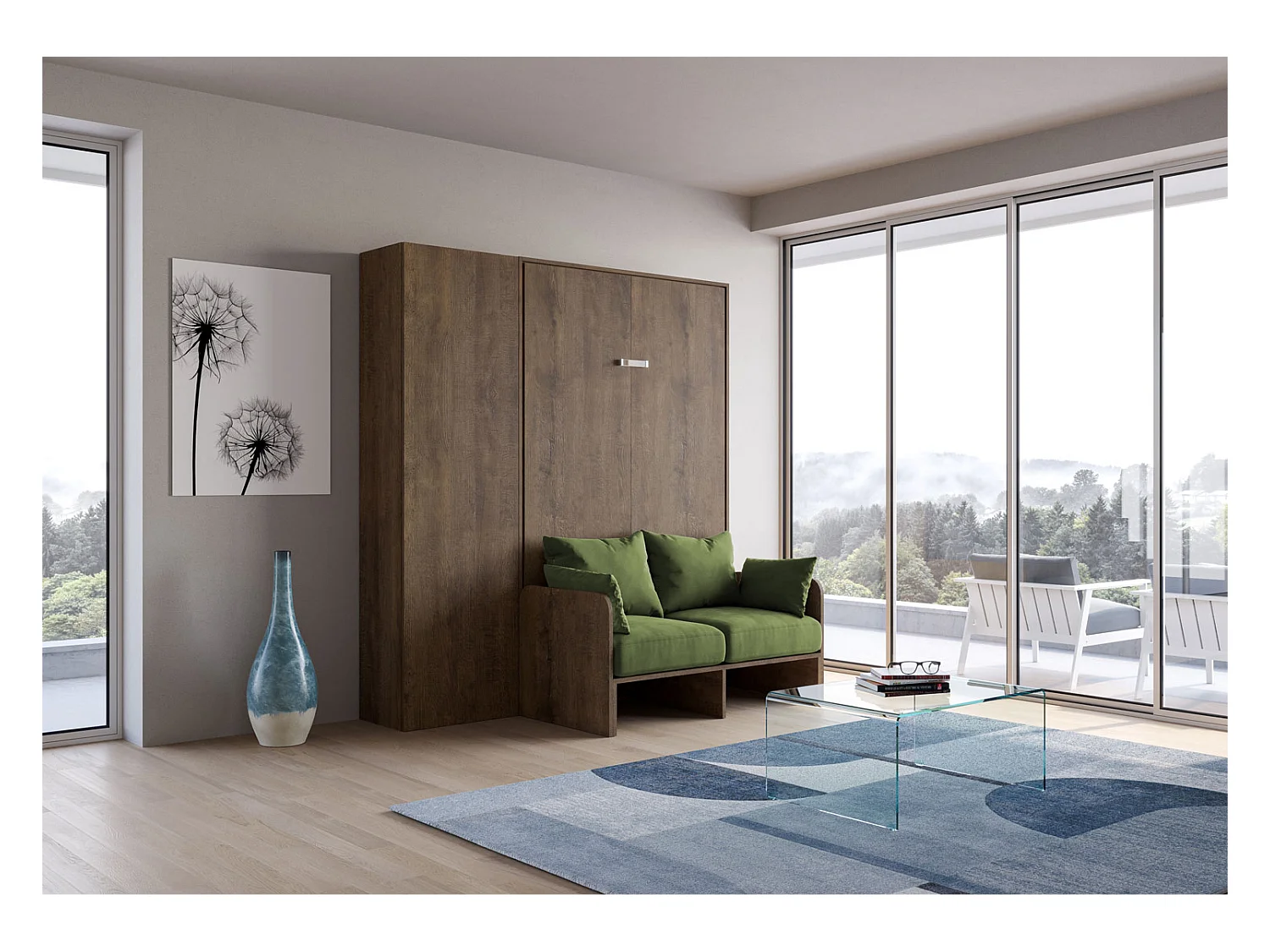 Kentaro 120 cm rozkładane łóżko typu queen-size z sofą i orzechową kolumną, zielone