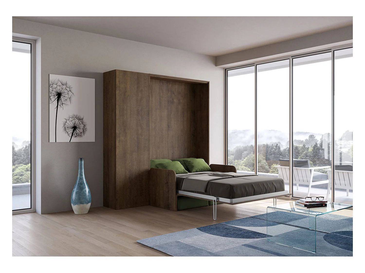 Kentaro 120 cm rozkładane łóżko typu queen-size z sofą i orzechową kolumną, zielone