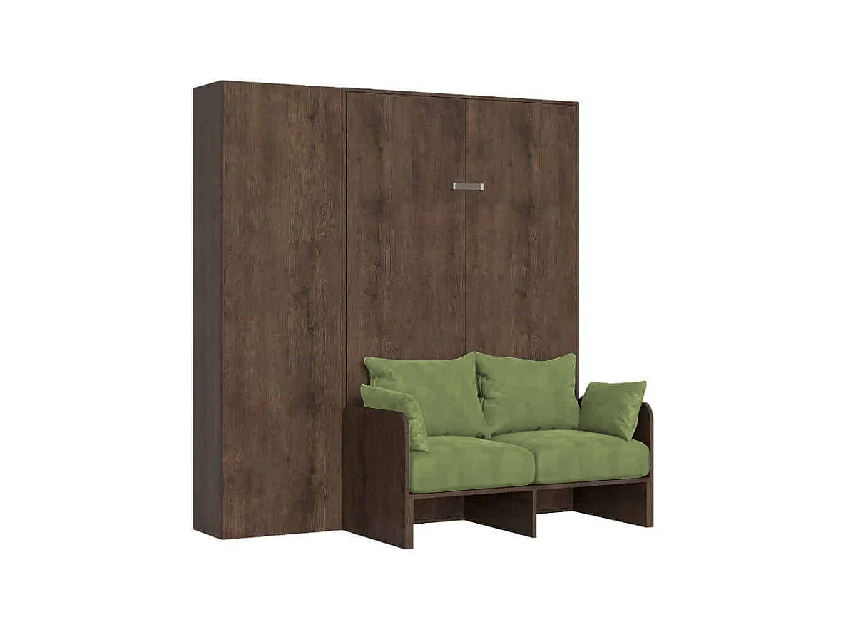 Lit queen-size escamotable Kentaro 120 cm avec canapé et colonne en noyer, vert