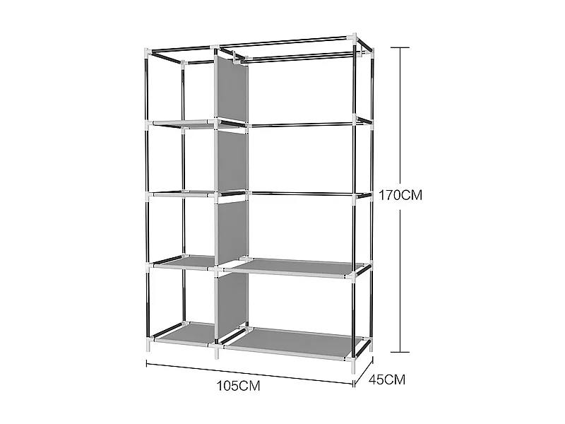 Armario de tela 6 estantes 1 barra para colgar 2 bolsillos gris 170x105x45 cm