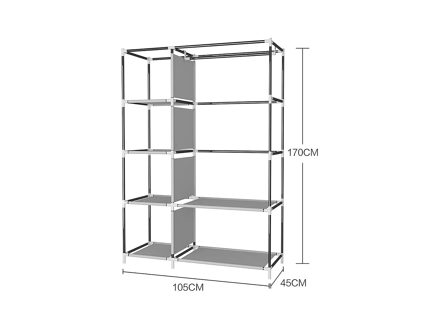 Armario de tela 6 estantes 1 barra para colgar 2 bolsillos gris 170x105x45 cm