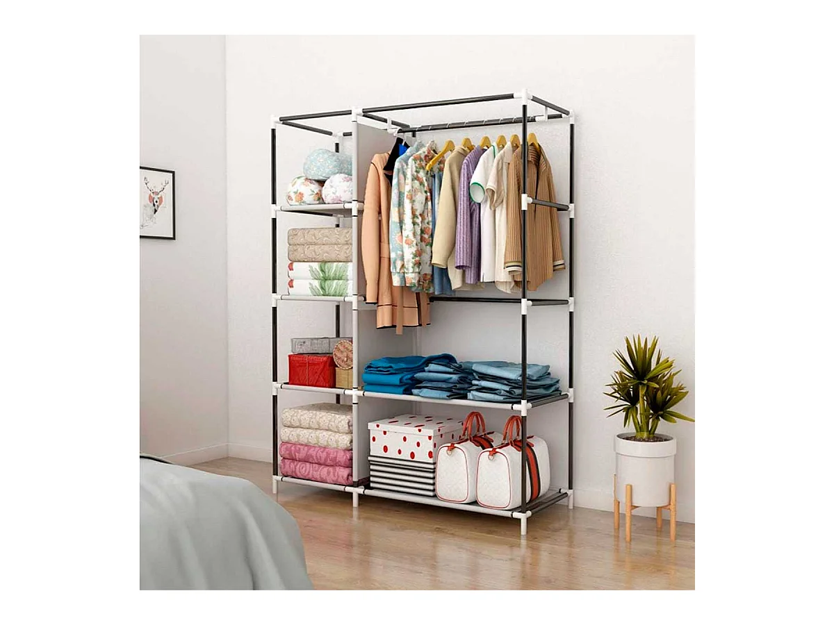 Armario de tela 6 estantes 1 barra para colgar 2 bolsillos gris 170x105x45 cm