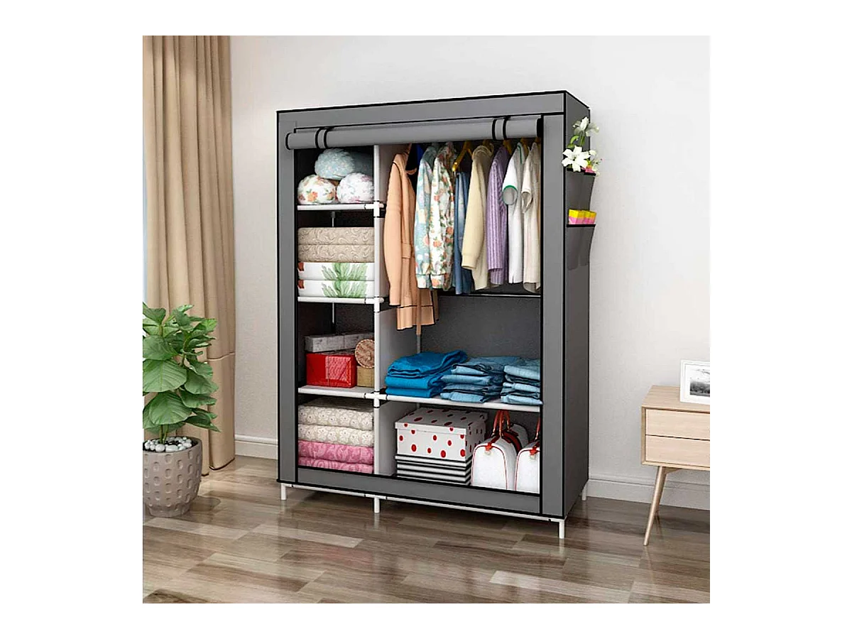 Armario de tela 6 estantes 1 barra para colgar 2 bolsillos gris 170x105x45 cm