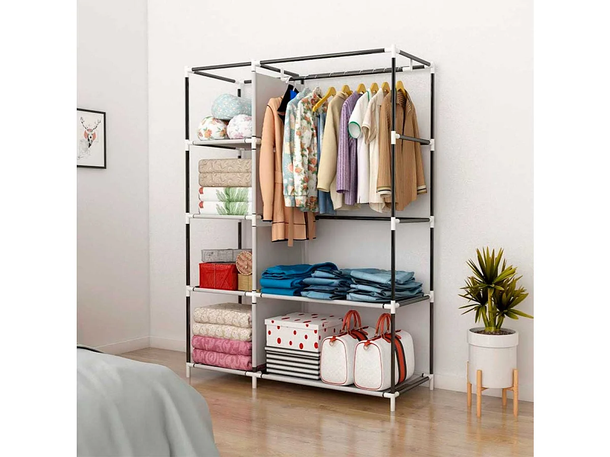 Armario de tela 6 estantes 1 barra para colgar 2 bolsillos gris 170x105x45 cm