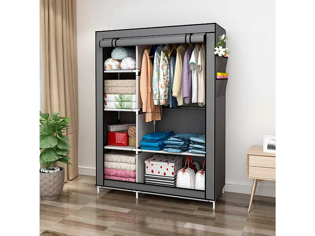 Armario de tela 6 estantes 1 barra para colgar 2 bolsillos gris 170x105x45 cm