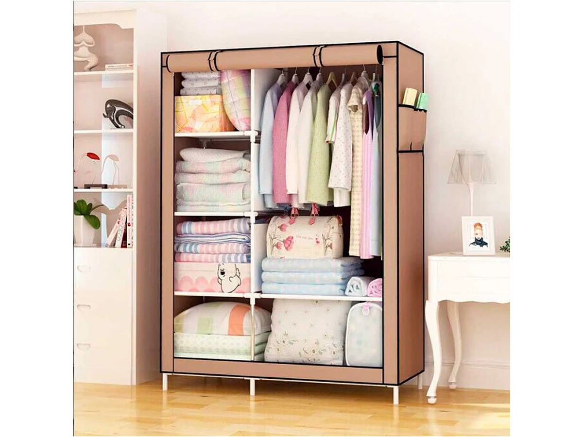 Armario de tela 6 estantes 1 barra para colgar 2 bolsillos marrón 170x105x45 cm