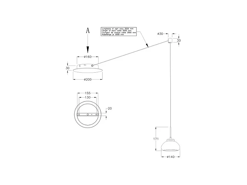 Arabella - Lampada a sospensione decentrata Bianca - Fabas Luce - LED 8W dimmerabile - Montaggio con decentramento