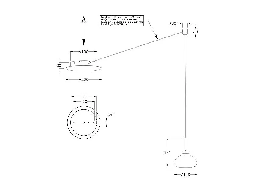 Arabella - Lampada a sospensione decentrata Bianca - Fabas Luce - LED 8W dimmerabile - Montaggio con decentramento