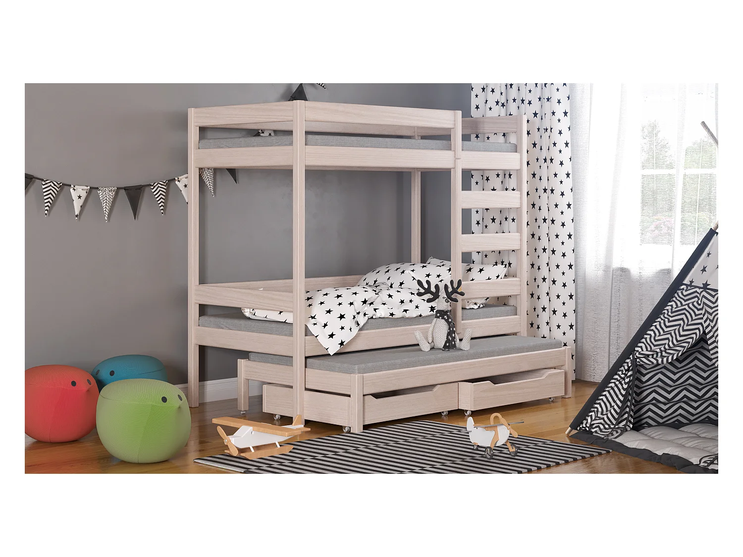 Lit superposé en pin massif 180x80 Chêne Blanchi