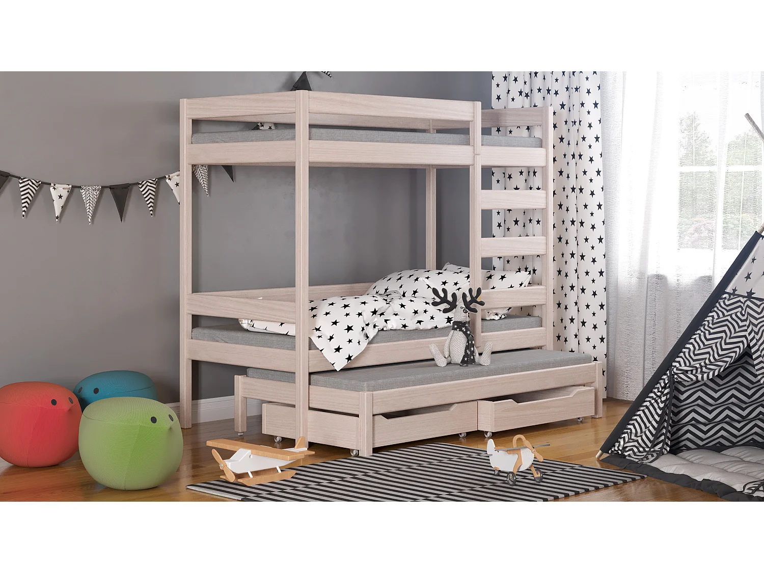 Lit superposé en pin massif 180x80 Chêne Blanchi