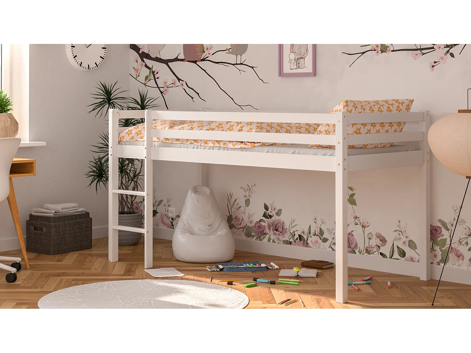 Lit mezzanine en pin massif 200x90 blanc