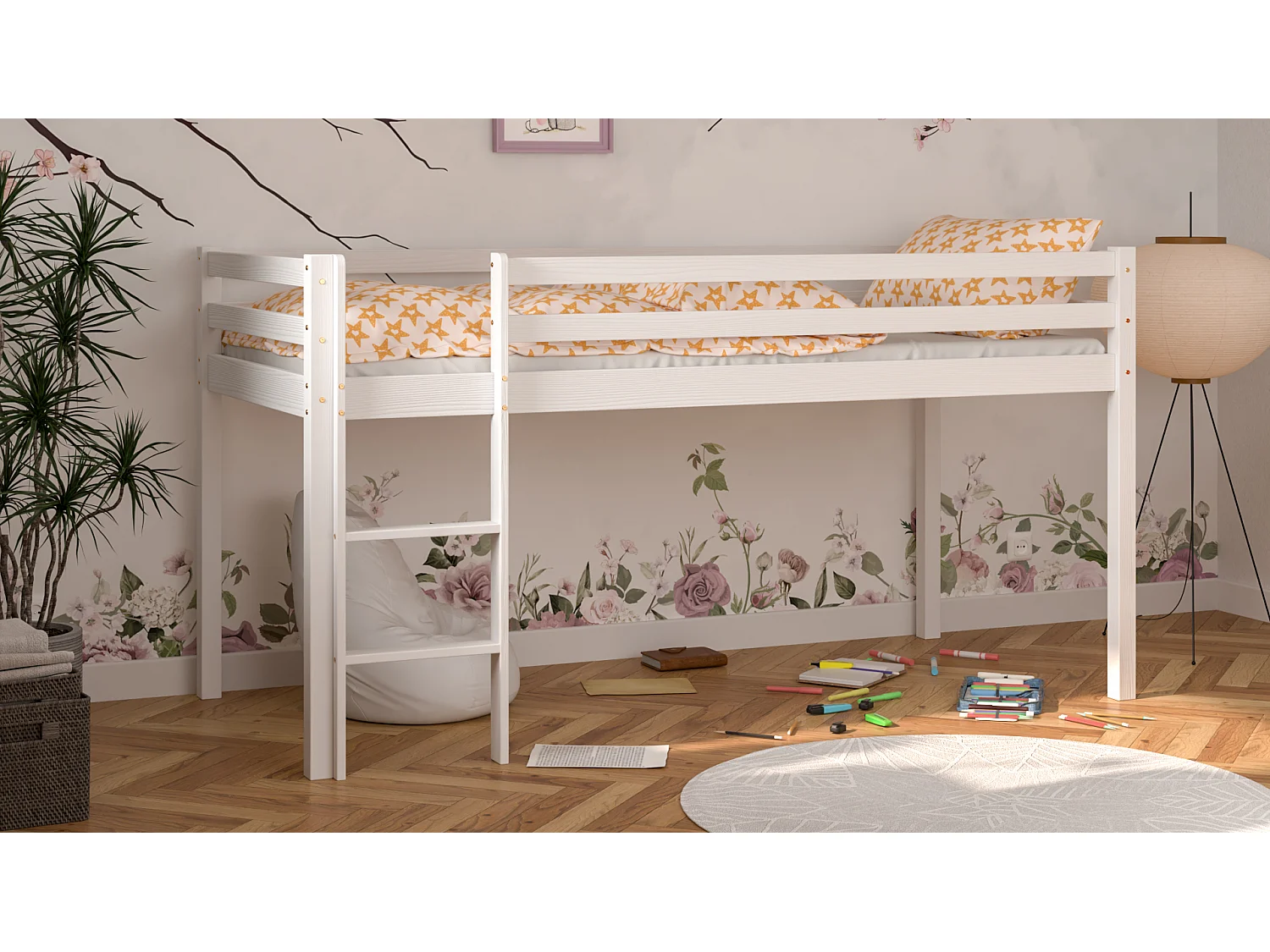 Lit mezzanine en pin massif 200x90 blanc