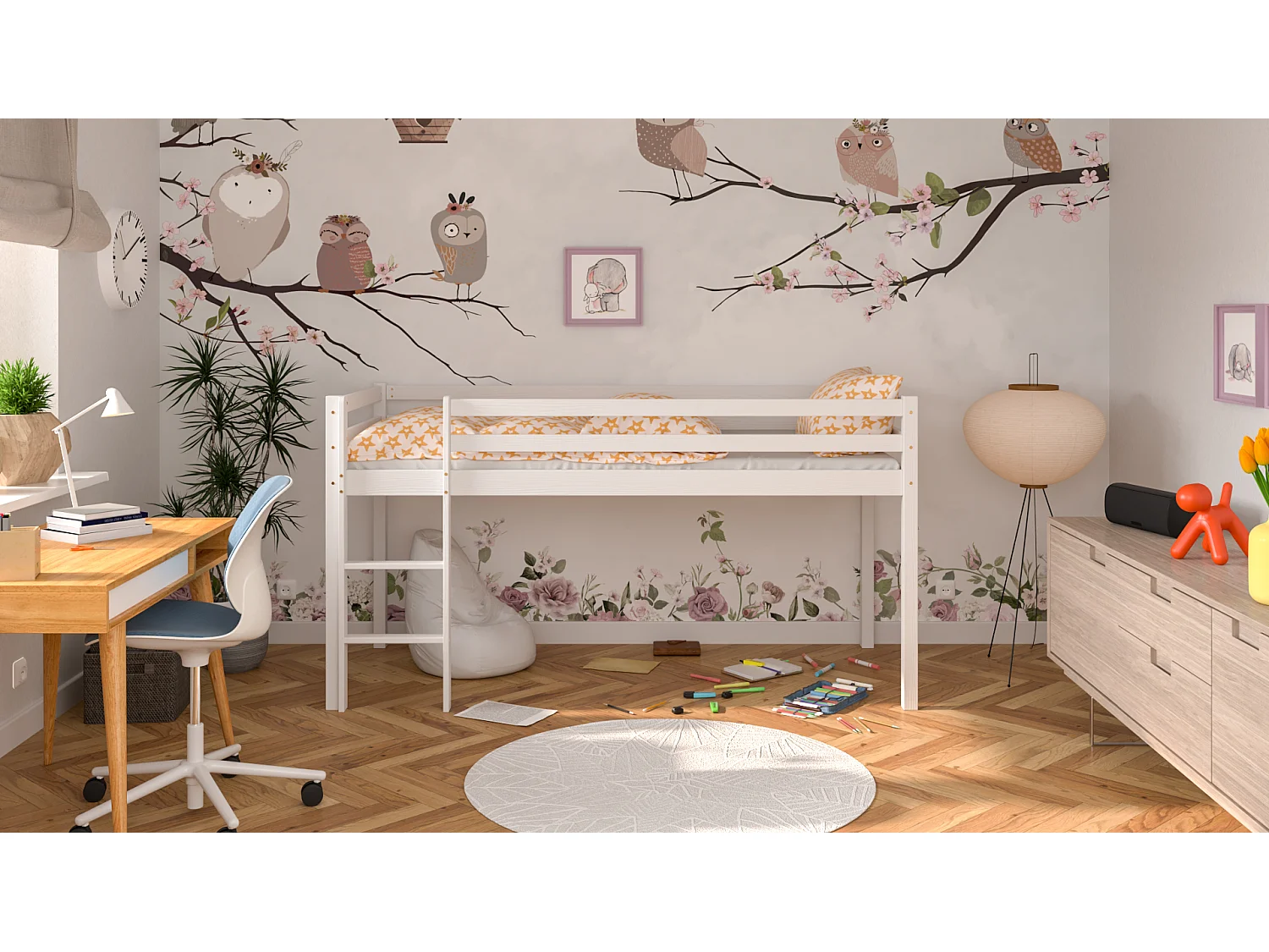 Lit mezzanine en pin massif 200x90 blanc