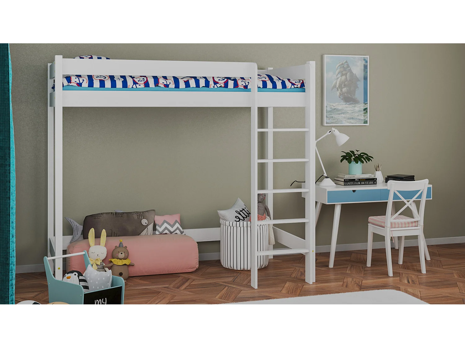 Lit mezzanine en pin massif 180x80 blanc