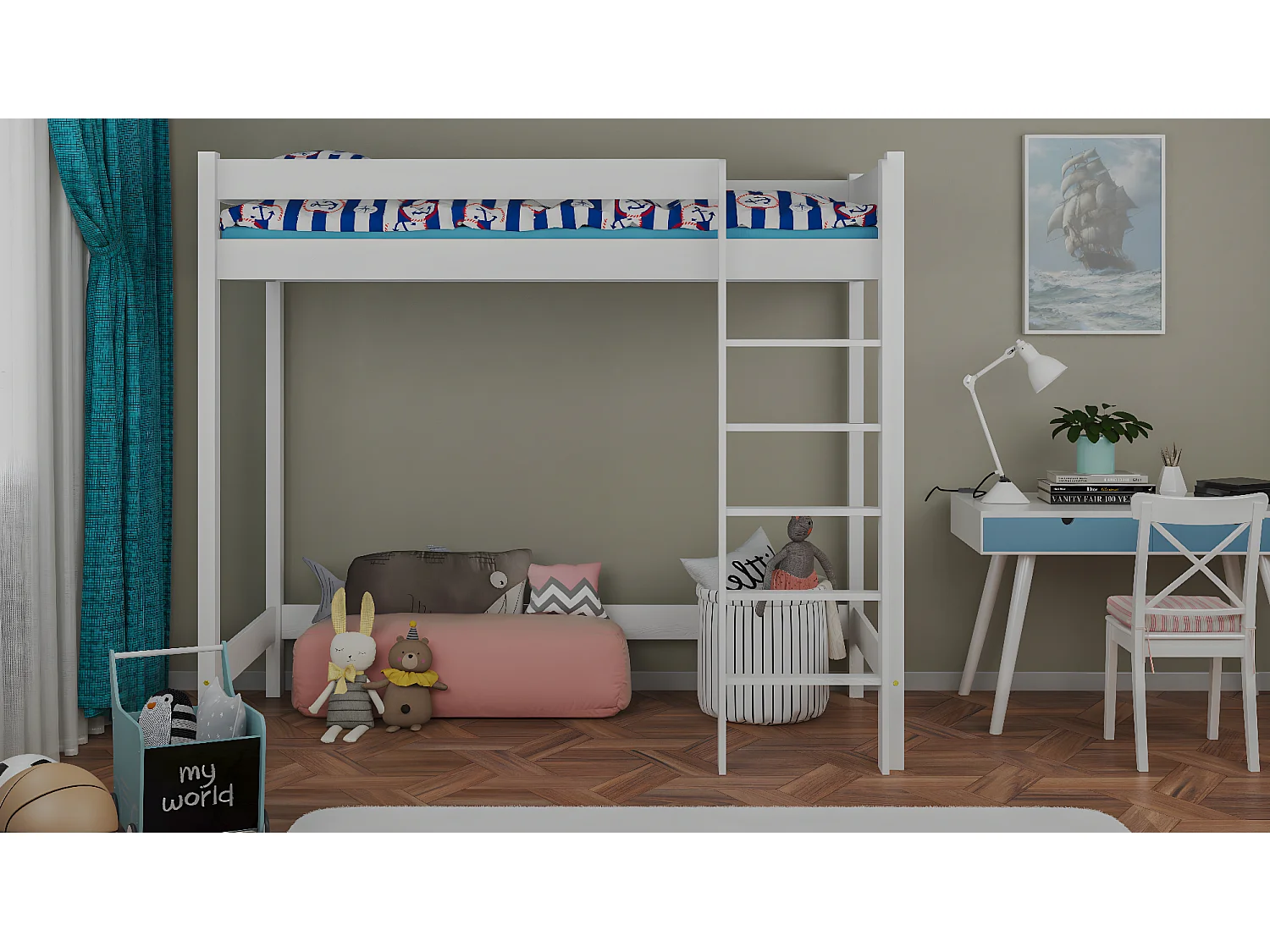 Lit mezzanine en pin massif 190x90 blanc