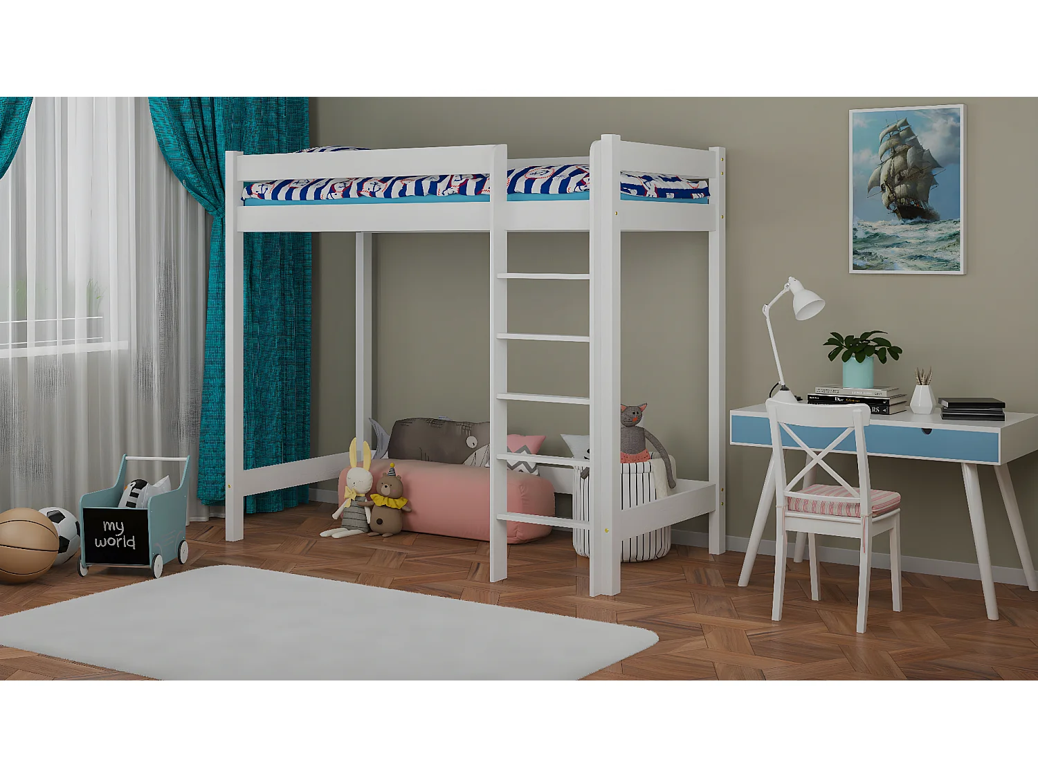 Lit mezzanine en pin massif 190x90 blanc