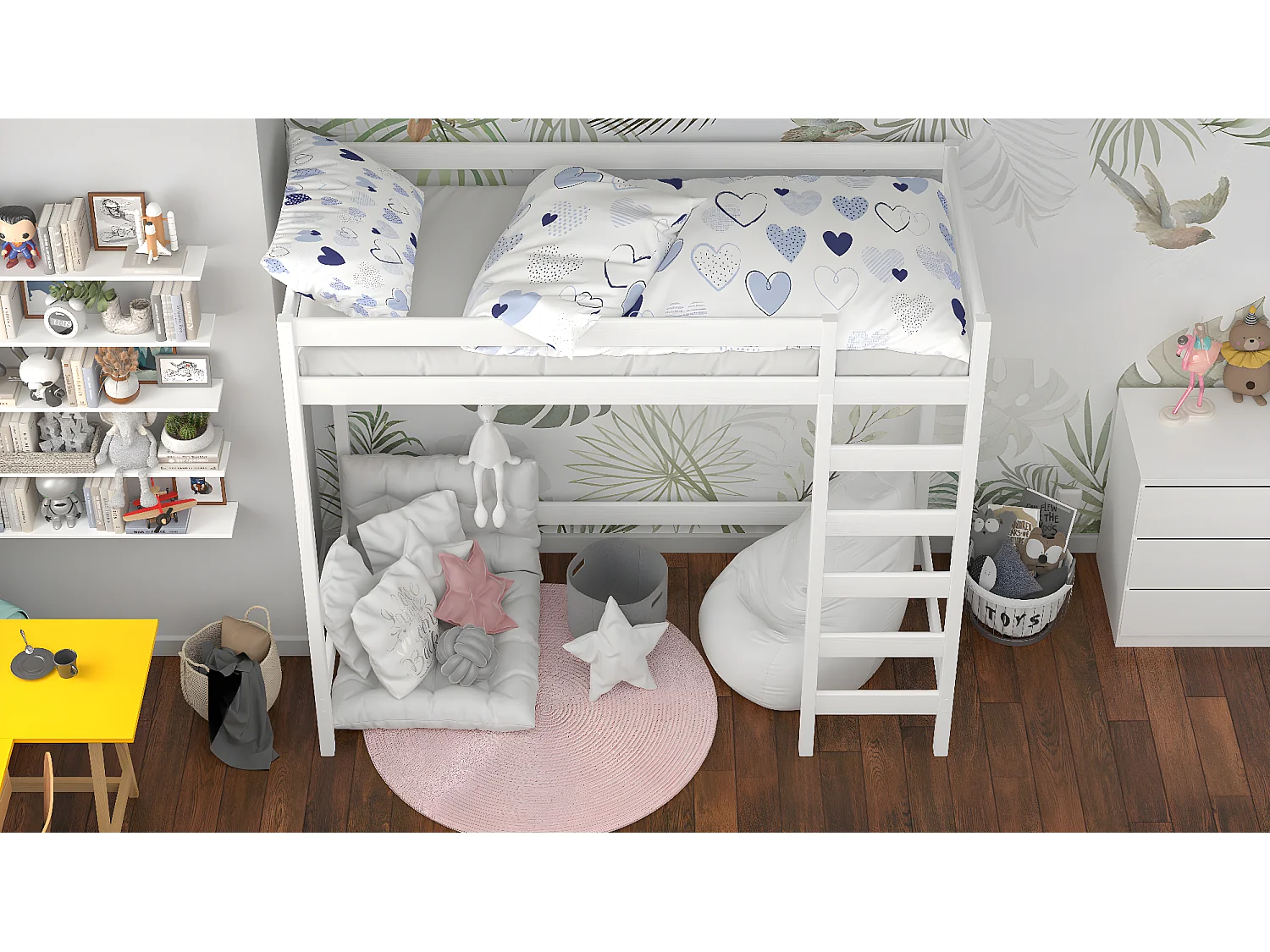 Lit mezzanine en pin massif 200x90 blanc