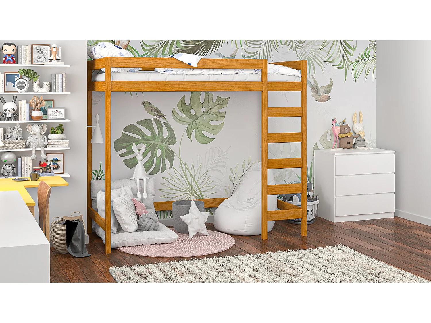 Lit mezzanine en pin massif 200x90 teck