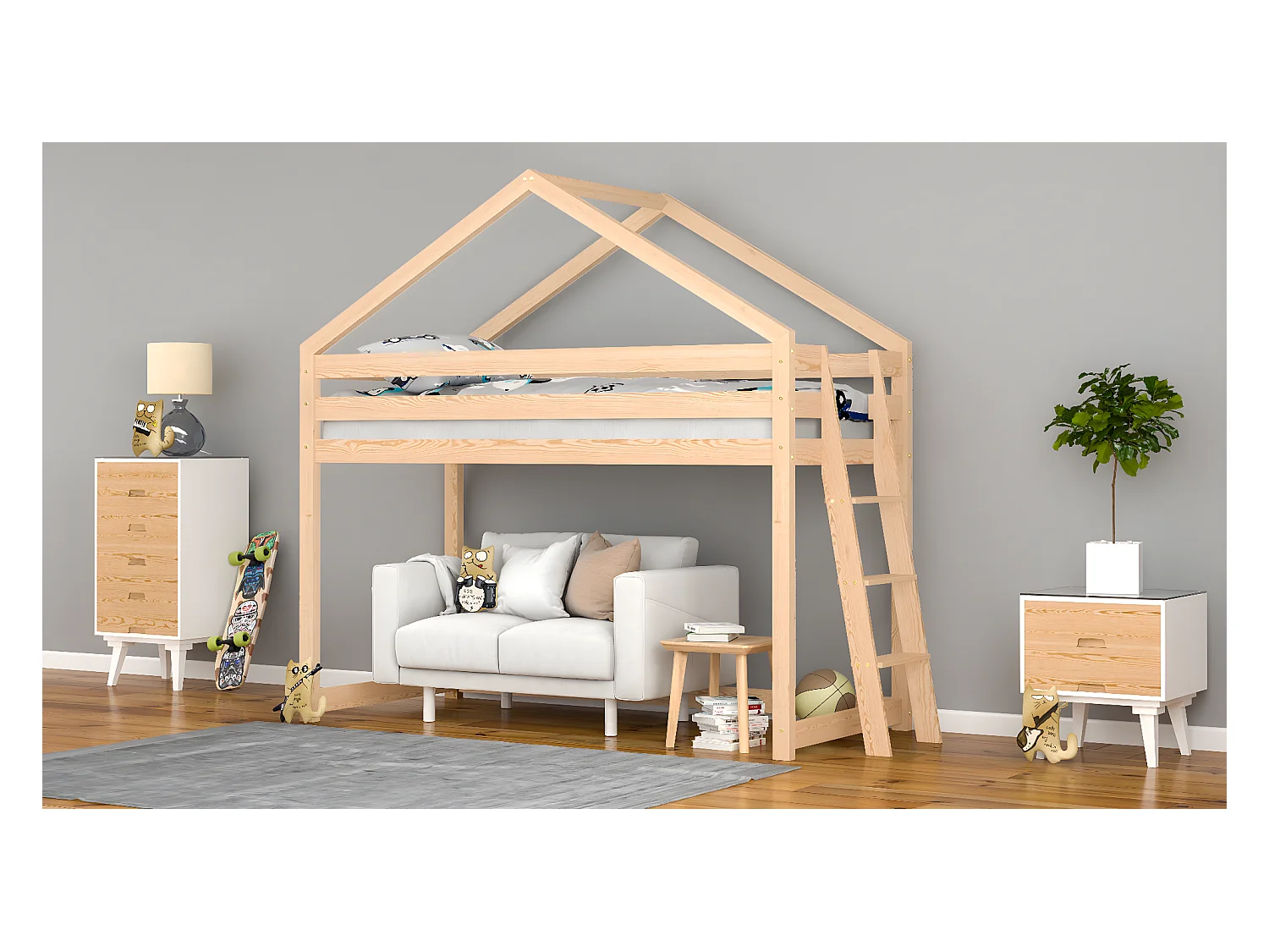 Lit mezzanine en pin massif 190x90 naturel