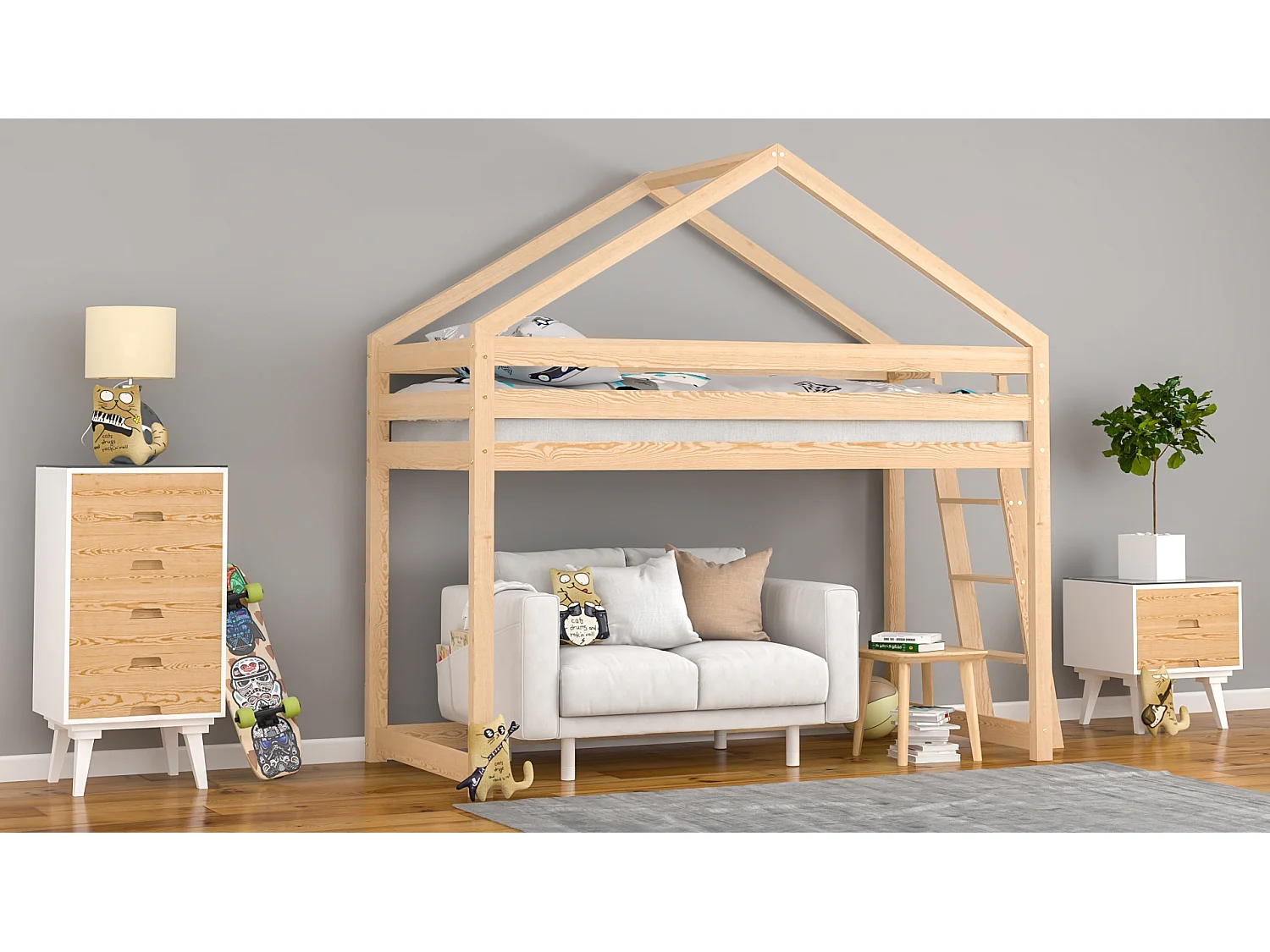 Lit mezzanine en pin massif 190x90 naturel